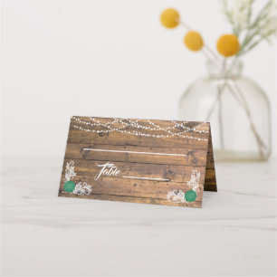 Rustic Wood Twinkle Lights Lace Wedding Place Card