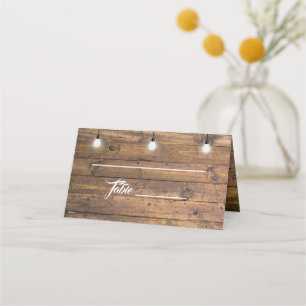Rustic Wood Twinkle Lights Lace Wedding Place Card
