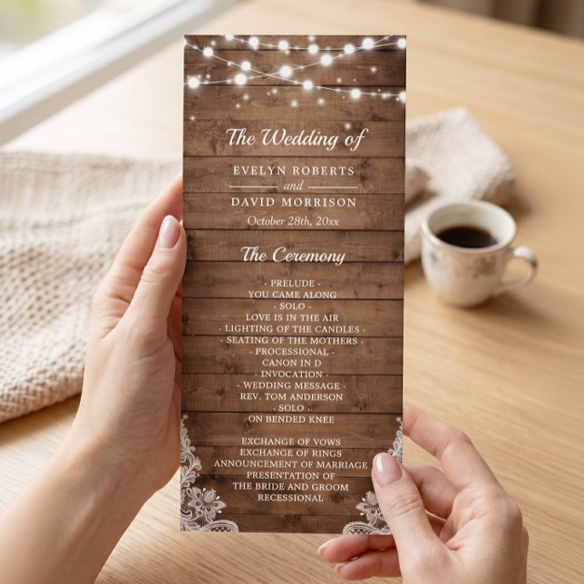 Rustic Wood Twinkle Lights Lace Wedding Program (Creator Uploaded)