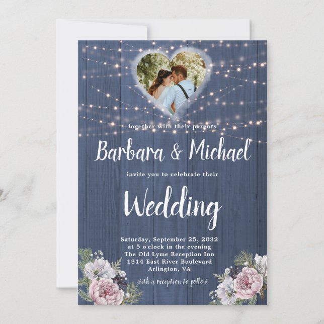 Rustic Wood Twinkle Lights Photo Floral Wedding  Invitation (Front)