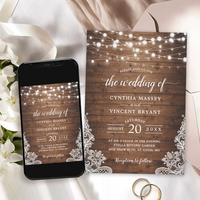 Rustic Wood Twinkle String Lights Lace Wedding Invitation (Perfect for couples planning a rustic-themed wedding with a touch of enchantment and romance.)