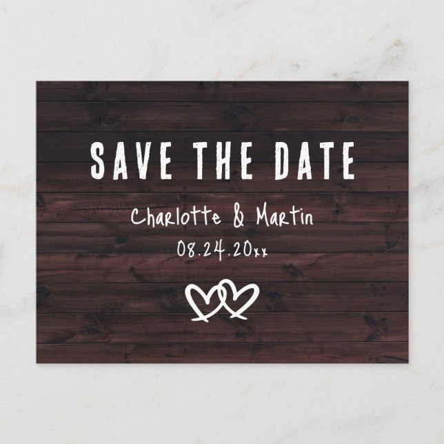 Rustic Wood Two Hearts Wedding Save The Date Postcard (Front)