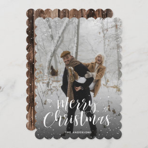 Rustic Wood Typography Snow Photo Merry Christmas Holiday Card