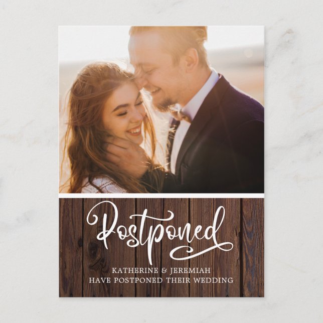 Rustic Wood Typography Wedding Postponement Postcard (Front)