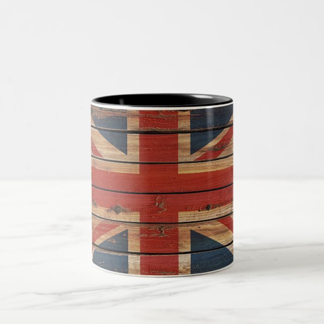 Rustic Wood United Kingdom Flag Two-Tone Coffee Mug (Center)