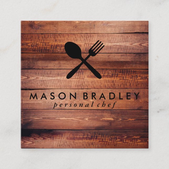 Rustic Wood Utensils Square Business Card (Front)