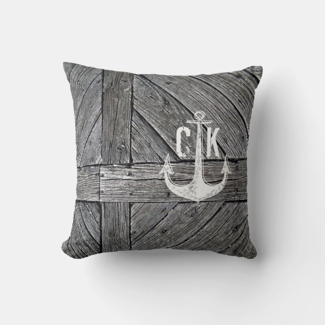 Rustic wood vintage anchor nautical monogram cushion (Front)
