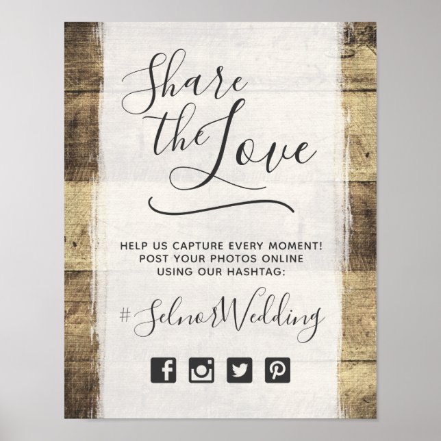 Rustic Wood Vintage Country Wedding Hashtag Photo Poster (Front)