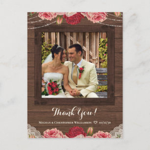 Rustic Wood Vintage Floral Wedding Thank You Photo Postcard