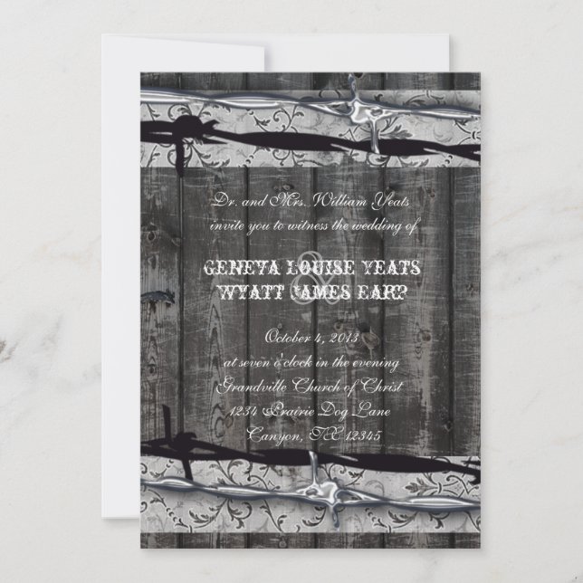 Rustic Wood Vintage Lace Barbed Wire Wedding Invitation (Front)