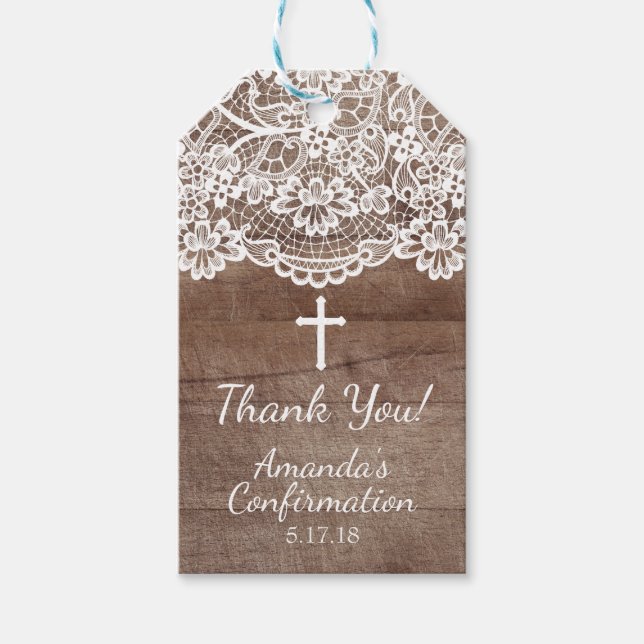 Rustic Wood Vintage Lace Confirmation Gift Tag (Front)