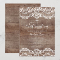 Rustic Wood Vintage Lace Confirmation Invitation