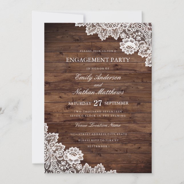 Rustic Wood Vintage Lace Wedding Engagement Party Invitation (Front)