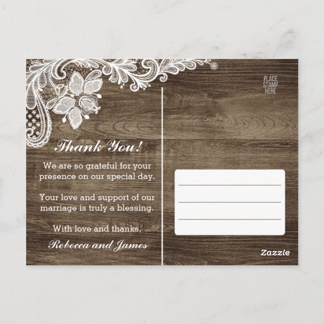 Rustic Wood & Vintage Lace Wedding Thank You Postcard (Back)