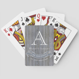 Rustic Wood Vintage Light Grey Family Monogram Playing Cards