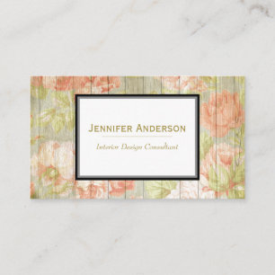 Rustic Wood Vintage Rose and Gold Floral Business Card