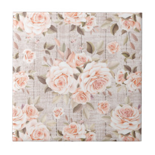 Rustic Wood & Vintage Roses Romantic Shabby Chic Ceramic Tile
