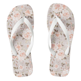 Rustic Wood & Vintage Roses Romantic Shabby Chic Thongs