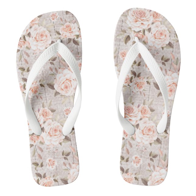 Rustic Wood & Vintage Roses Romantic Shabby Chic Thongs (Footbed)