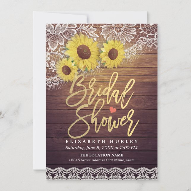 Rustic Wood Vintage Sunflowers Lace Bridal Shower Invitation (Front)