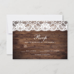 Rustic Wood Vintage White Lace Wedding RSVP Card