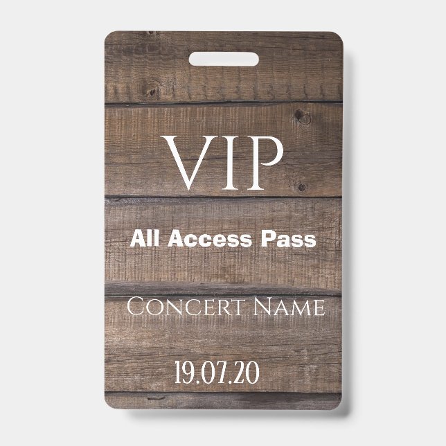 Rustic Wood VIP All Access Pass Concert Badge ID Badge (Front)