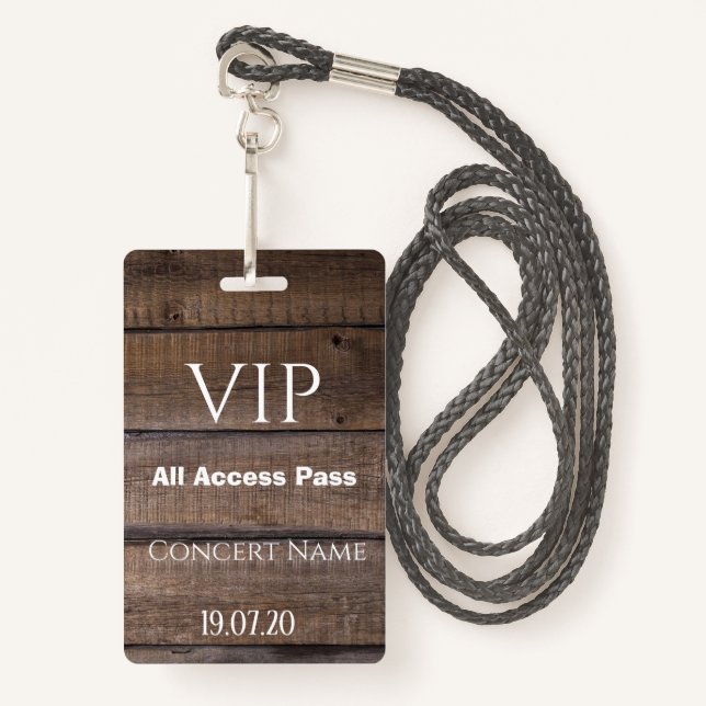 Rustic Wood VIP All Access Pass Concert Badge ID Badge (Front with Lanyard)
