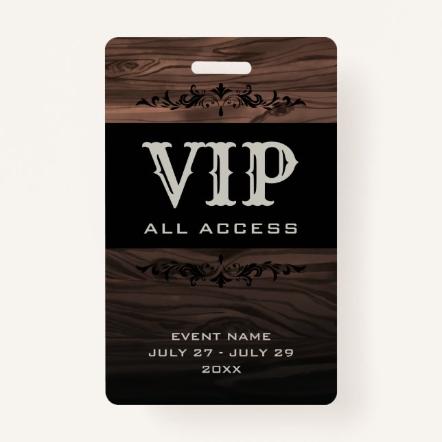 Rustic Wood VIP All Access Pass Event ID Badge (Front)