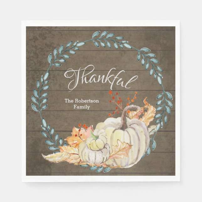 Rustic Wood w Fall Leaves n Pumpkin Thanksgiving Napkin (Front)