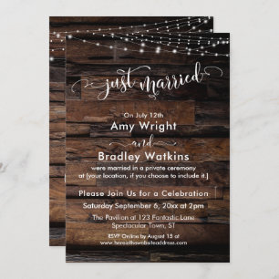 Rustic Wood w/ Lights, Just Married Calligraphy Invitation