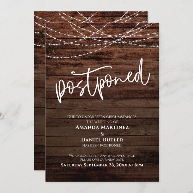 Rustic Wood w/ Lights Postponed Wedding Card (Front/Back)