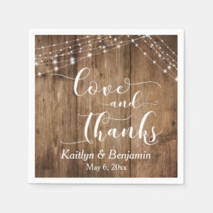 Rustic Wood w/ White Lights, Love and Thanks Napkin