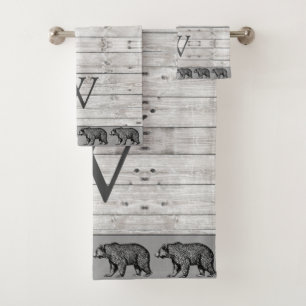 Rustic Wood Walking Bear Monogram  Bath Towel Set