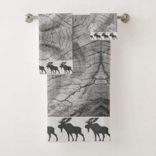 Rustic Wood Walking Moose Grey Bath Towel Set