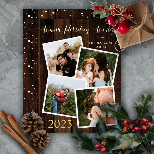 Rustic Wood Warm Holiday Wishes 4 Photo Foil (Wish them "Warm Holiday Wishes" in country rustic style with this faux wood 4-photo gold foil design)