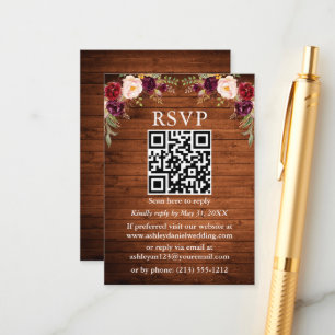 Rustic Wood Watercolor Burgundy Floral QR RSVP Enclosure Card