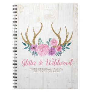 Rustic Wood & Watercolor Floral Antlers Boutique Notebook
