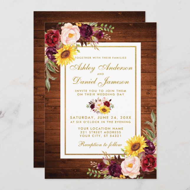 Rustic Wood Watercolor Floral Gold Frame Wedding Invitation (Front/Back)