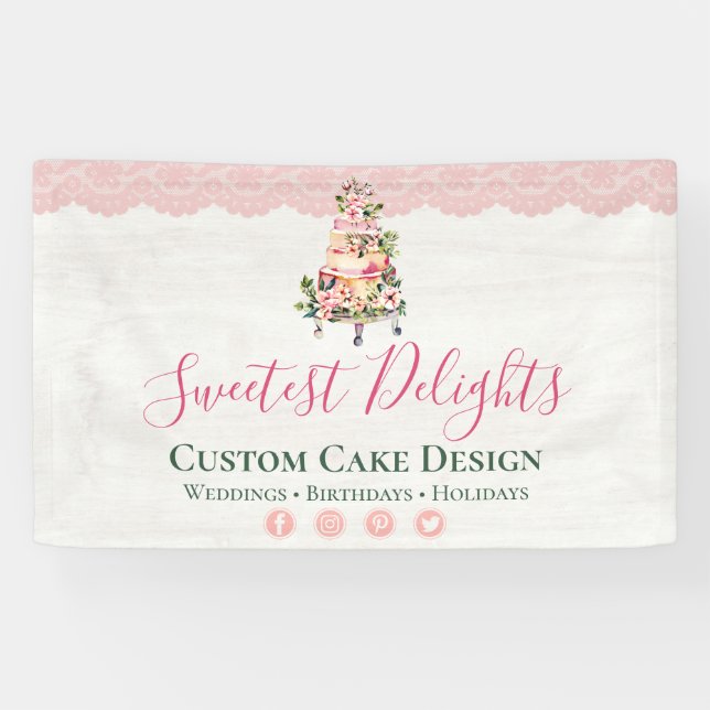 Rustic Wood Watercolor Floral Wedding Cake Bakery Banner (Horizontal)