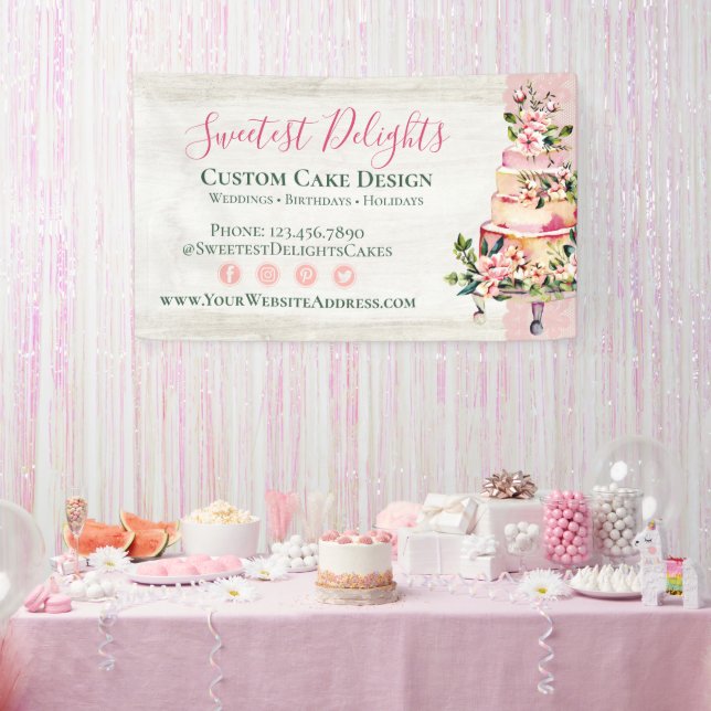 Rustic Wood Watercolor Floral Wedding Cake Bakery Banner (Party)