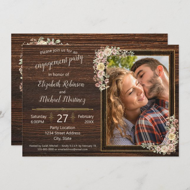 Rustic Wood Watercolor Flowers Template Engagement (Front/Back)
