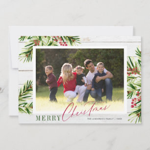 Rustic Wood Watercolor Pine 2 Photo Christmas Holiday Card