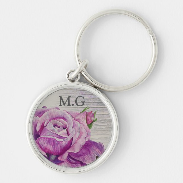 Rustic Wood Watercolor Purple Rose Monogram Key Ring (Front)