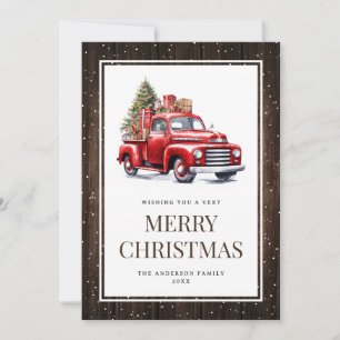 Rustic Wood Watercolor Red Truck Christmas Tree Holiday Card