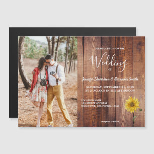 Rustic wood watercolor sunflower photo wedding magnetic invitation