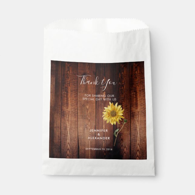 Rustic wood watercolor sunflower thank you wedding favour bag (Front)