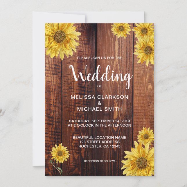 Rustic wood watercolor sunflowers country wedding invitation (Front)