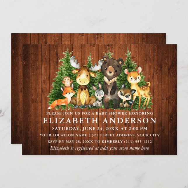 Rustic Wood Watercolor Woodland Animals Shower Invitation (Front/Back)