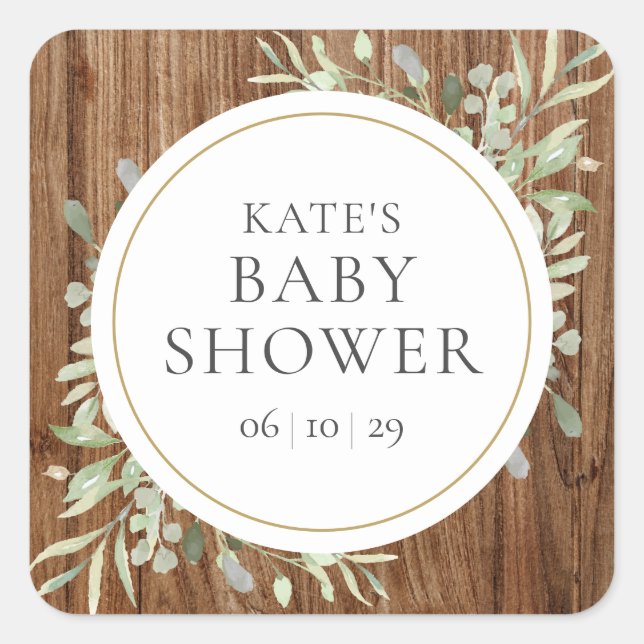 Rustic Wood Watercolour Greenery Baby Shower Square Sticker (Front)