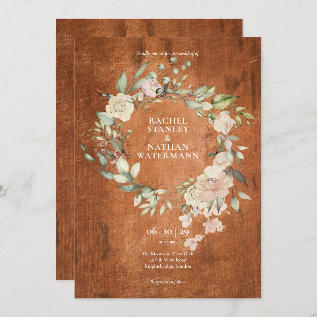 Rustic Wood Watercolour Greenery Floral Wedding Invitation (Front/Back)